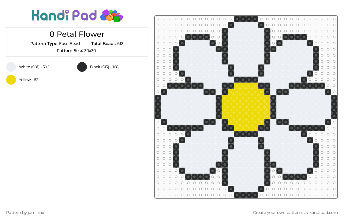 8 Petal Flower - Fuse Bead Pattern by jaminux on Kandi Pad - white,clematis,dahlia,nature