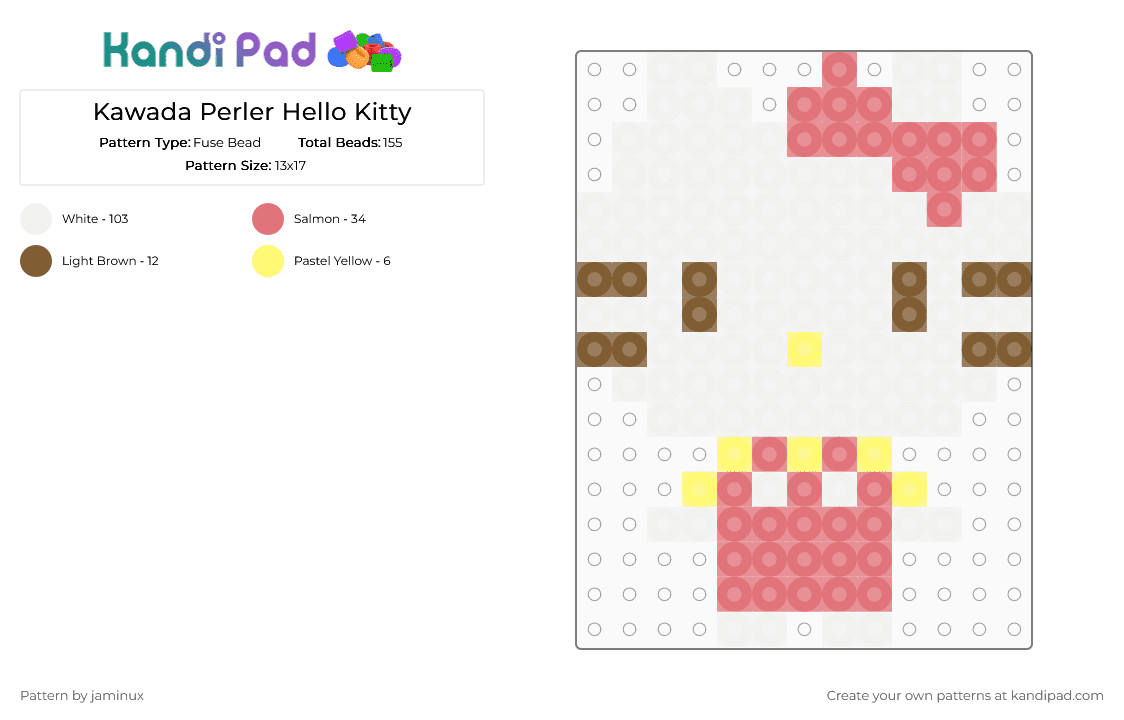 Kawada Perler Hello Kitty - Fuse Bead Pattern by jaminux on Kandi Pad - white,red,sanrio,small
