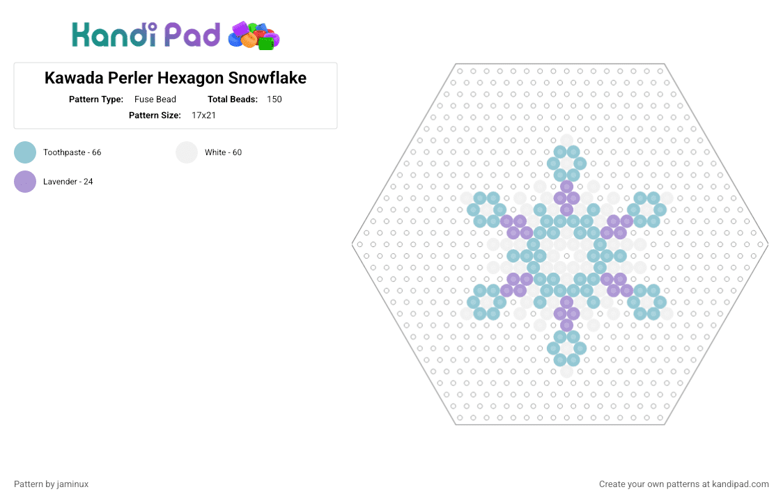 Kawada Perler Hexagon Snowflake - Fuse Bead Pattern by jaminux on Kandi Pad - light blue,pink,winter,pastel,blue,purple,geometric