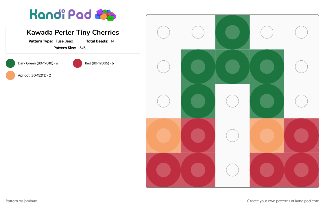 Kawada Perler Tiny Cherries - Fuse Bead Pattern by jaminux on Kandi Pad - cherry, easy, food, fruit, green, red, small