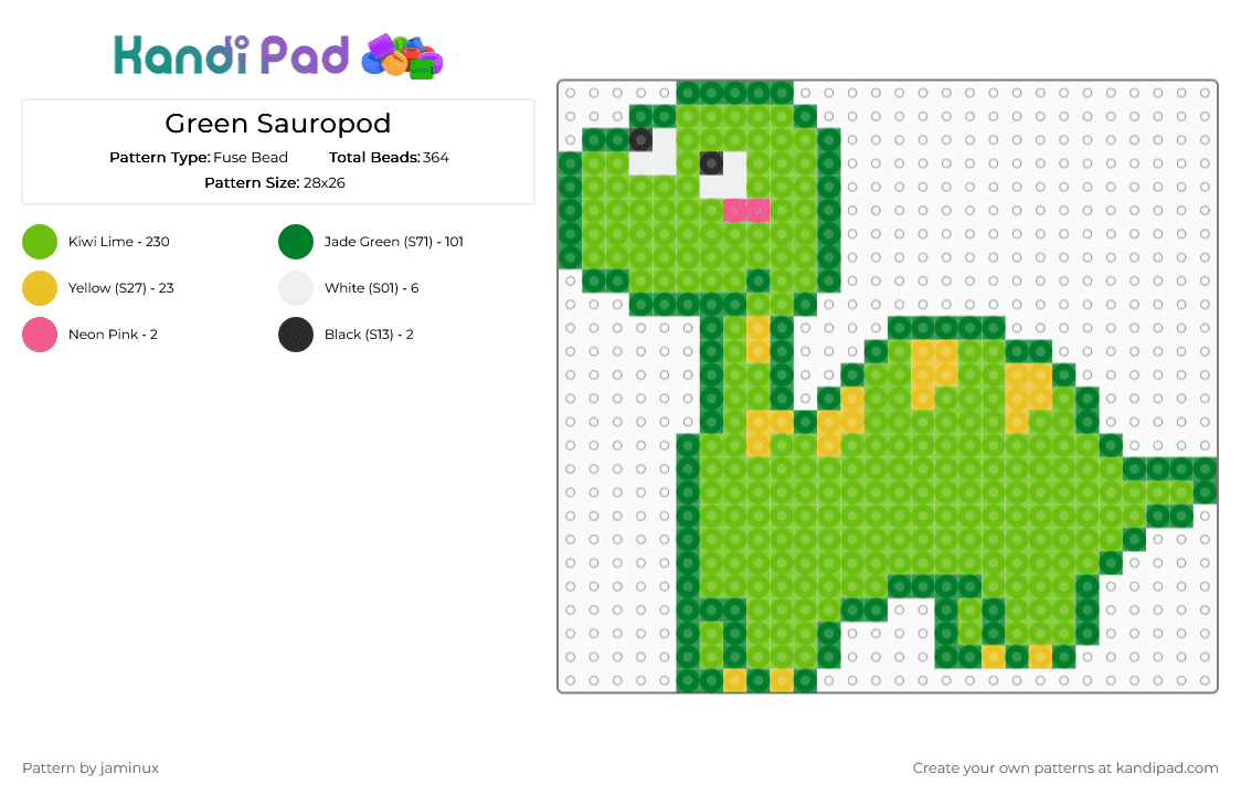 Green Sauropod - Fuse Bead Pattern by jaminux on Kandi Pad - green,dino,dinos,dinosaur,brachiosaur,apatosaur