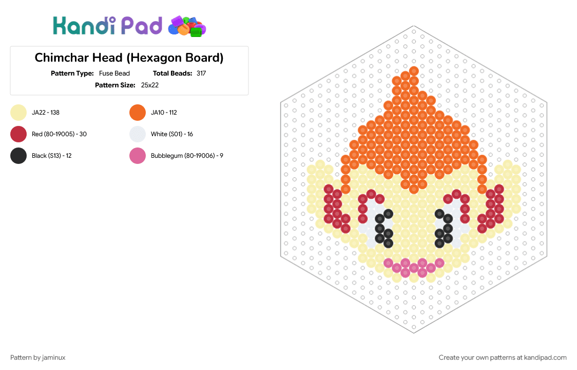 Chimchar Head (Hexagon Board) - Fuse Bead Pattern by jaminux on Kandi Pad - character, fuse beads, nintendo, orange, perler, pokemon, starter, video game, yellow