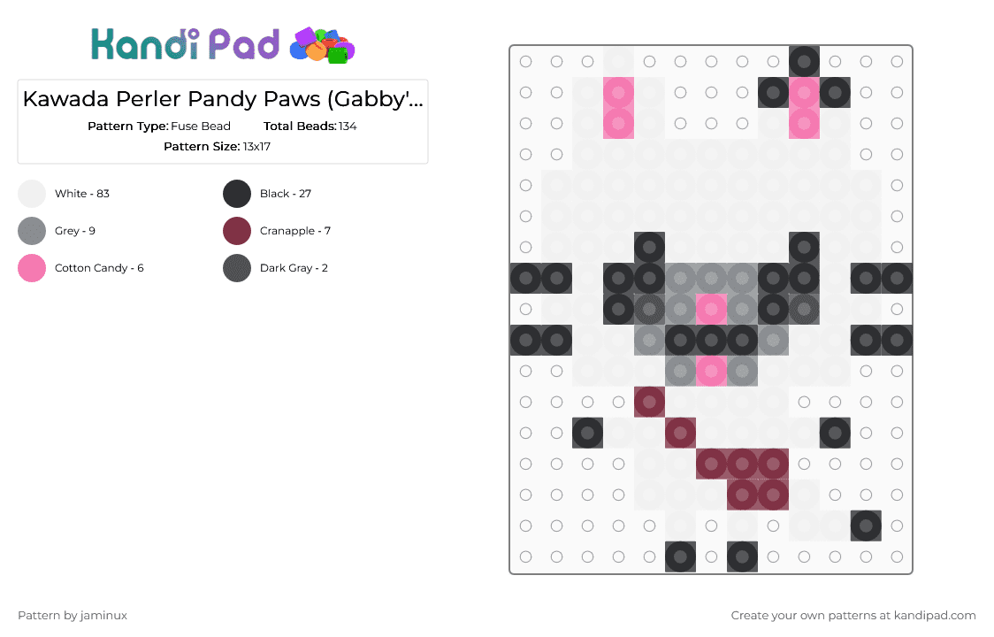 Kawada Perler Pandy Paws (Gabby\'s Dollhouse) - Fuse Bead Pattern by jaminux on Kandi Pad - white,gray,small,cat