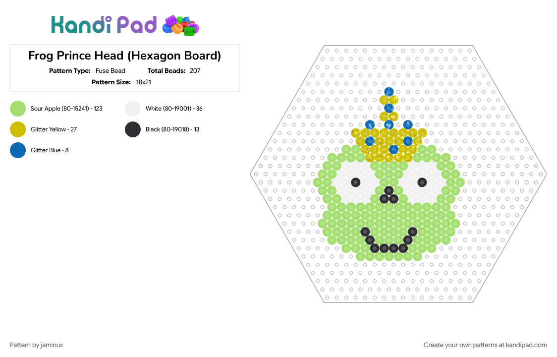Frog Prince Head (Hexagon Board) - Fuse Bead Pattern by jaminux on Kandi Pad - animal, crown, cute, fuse bead, glitter, green, perler