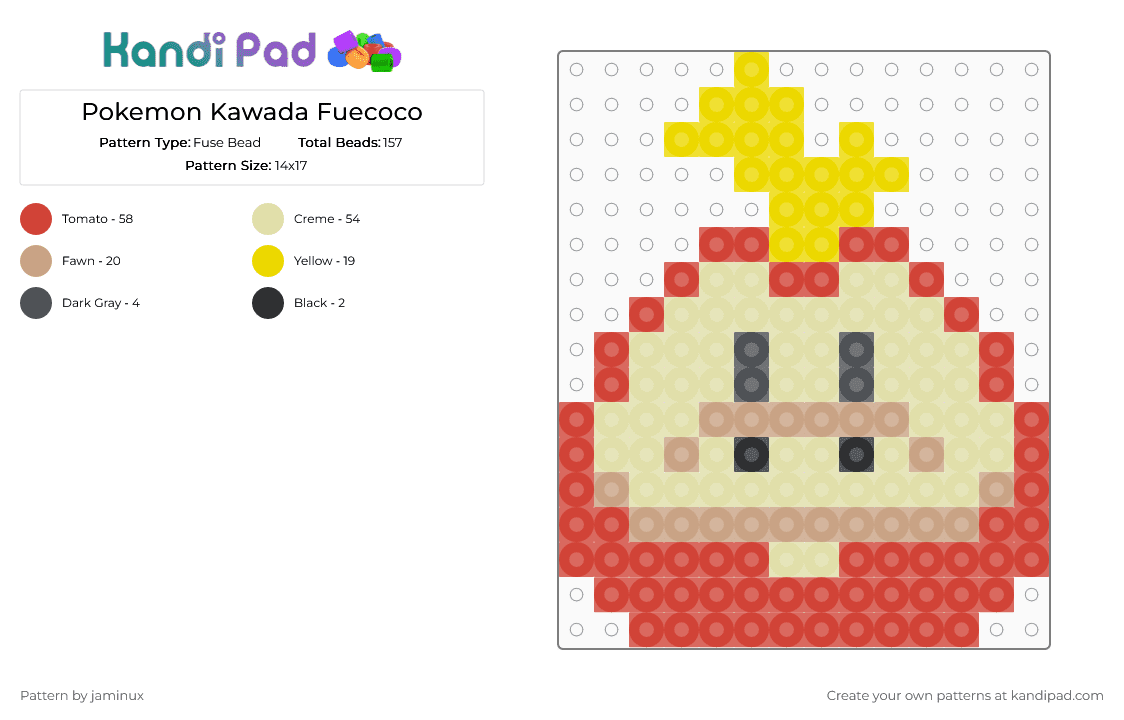 Kawada Perler Fuecoco - Fuse Bead Pattern by jaminux on Kandi Pad - red,yellow,pokemon,pkmn,small