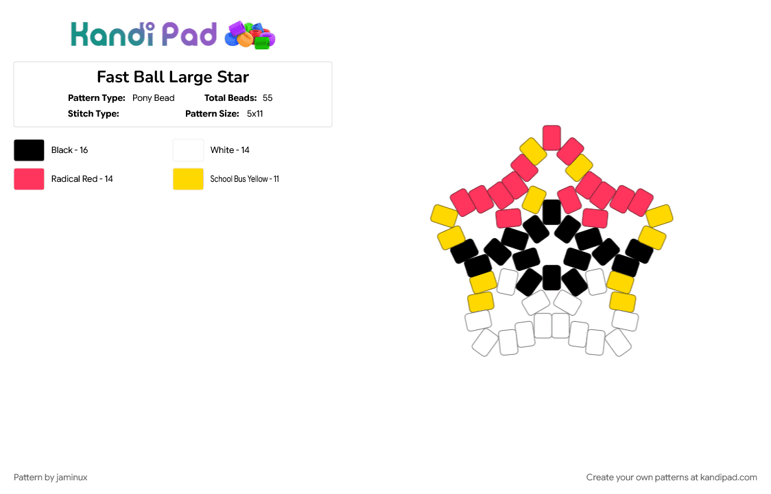 Fast Ball Large Star - Pony Bead Pattern by jaminux on Kandi Pad - beginner, easy, gaming, keychain, poke ball, pokemon, pony beads, red, yellow