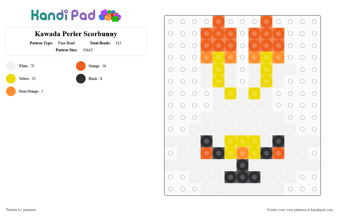 Kawada Perler Scorbunny - Fuse Bead Pattern by jaminux on Kandi Pad - white,yellow,orange,small,pokemon,pkmn