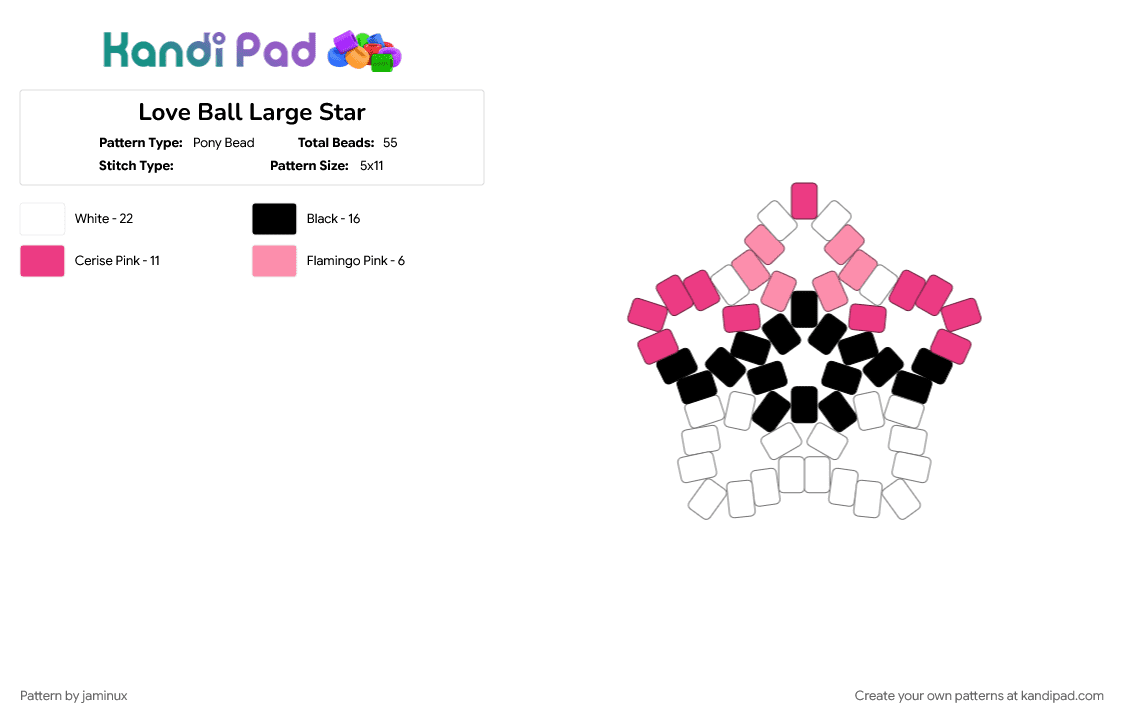 Love Ball Large Star - Pony Bead Pattern by jaminux on Kandi Pad - beginner, easy, gaming, keychain, pink, poke ball, pokemon, pony beads, white