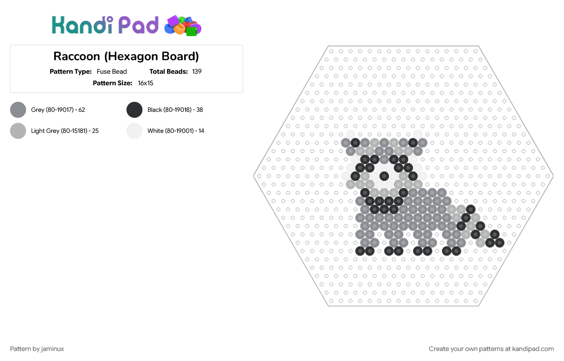 Raccoon (Hexagon Board) - Fuse Bead Pattern by jaminux on Kandi Pad - animal, beige, fuse beads, gray, grey, nature, perler
