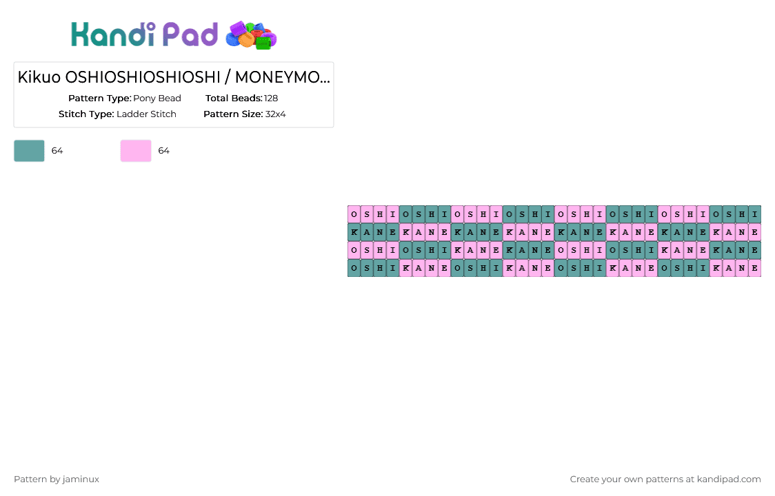 Kikuo OSHIOSHIOSHIOSHI / MONEYMONEYMONEYMONEY Cuff (Square Stitch) - Pony Bead Pattern by jaminux on Kandi Pad - teal,pink,vocaloid,miku,hatsune miku,miku hatsune