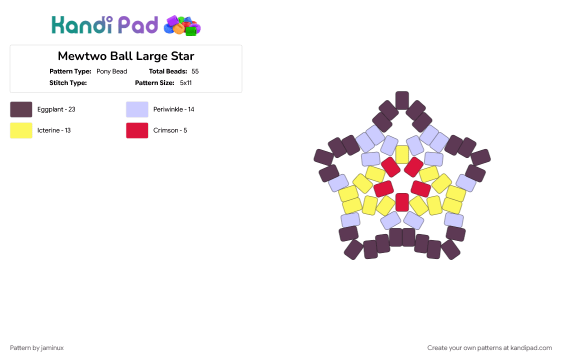 Mewtwo Ball Large Star - Pony Bead Pattern by jaminux on Kandi Pad - beginner, easy, gaming, keychain, pink, poke ball, pokemon, pony beads, purple