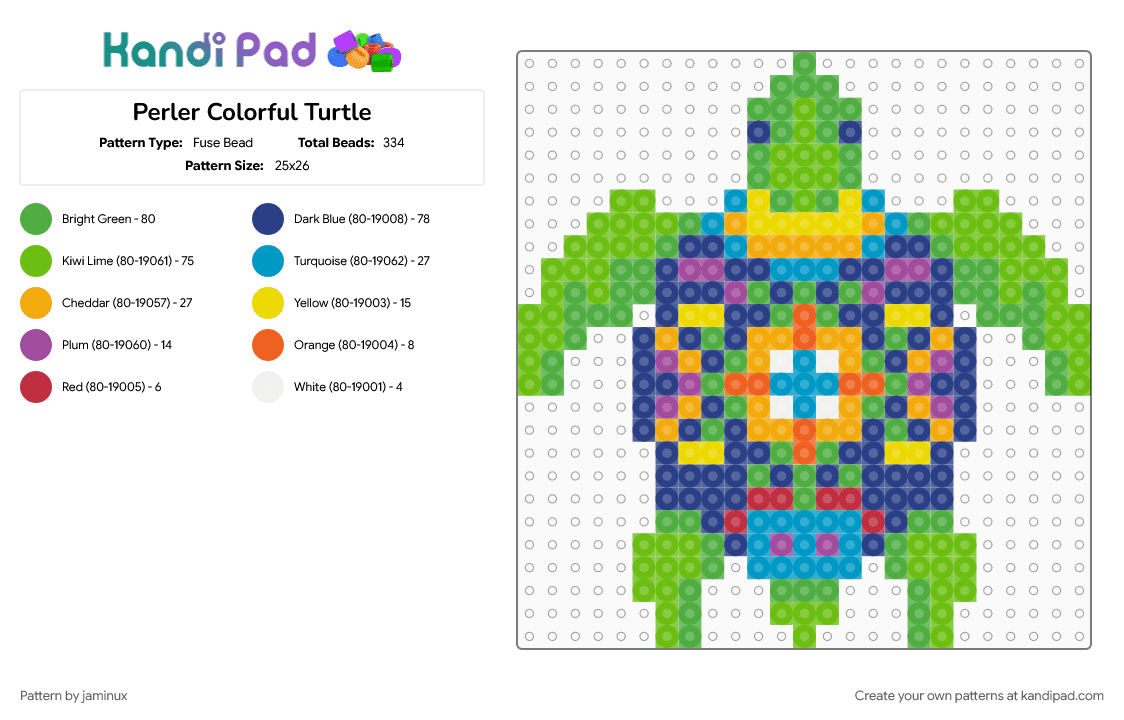Perler Colorful Turtle - Fuse Bead Pattern by jaminux on Kandi Pad - animal, aquatic, blue, colourful, cute, fuse beads, green, nature, sea life, trippy