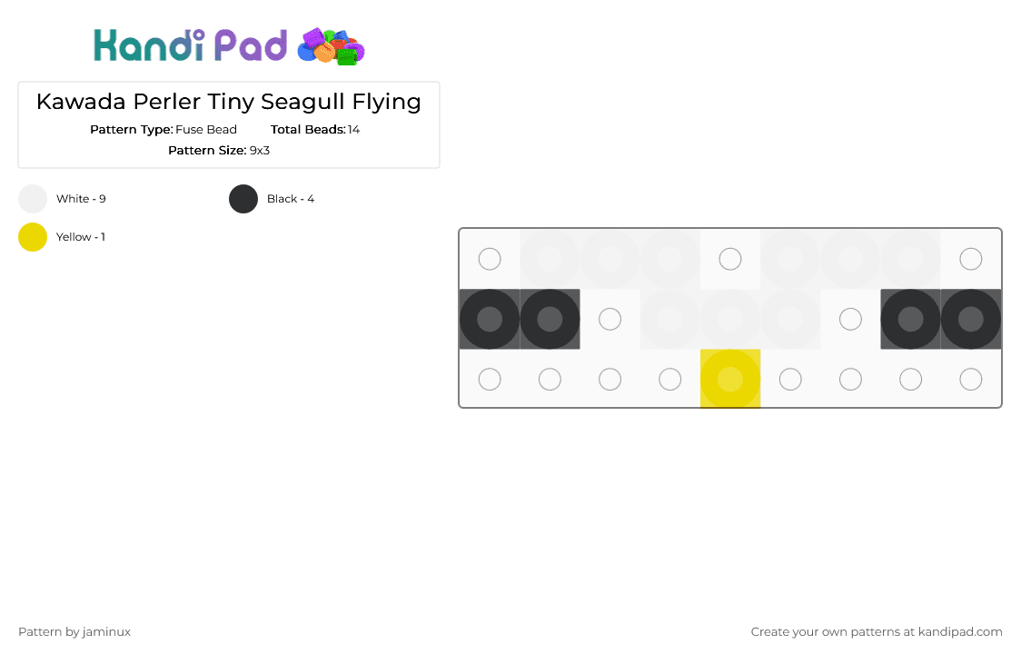 Kawada Perler Tiny Seagull Flying - Fuse Bead Pattern by jaminux on Kandi Pad - white,bird,animal,nature,beach