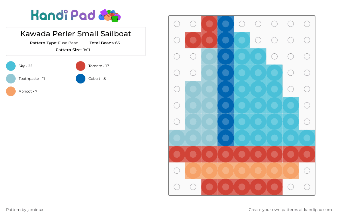 Kawada Perler Small Sailboat - Fuse Bead Pattern by jaminux on Kandi Pad - red,light blue,tiny,mini,blue,boat