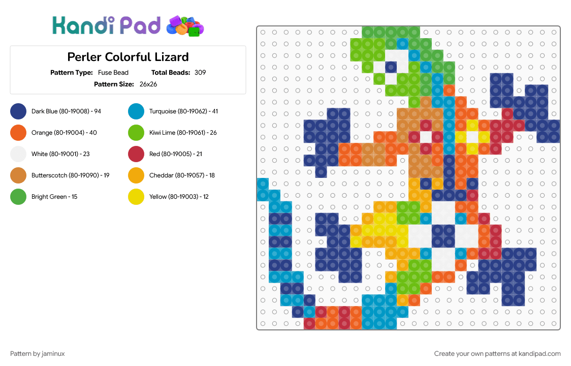 Perler Colorful Lizard - Fuse Bead Pattern by jaminux on Kandi Pad - animal, blue, colourful, cute, fuse beads, nature, orange, reptile, trippy