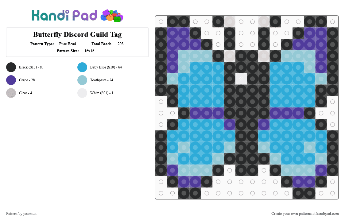 Butterfly Discord Guild Badge Icon - Fuse Bead Pattern by jaminux on Kandi Pad - light blue,bug,bugs,insect,insects,nature