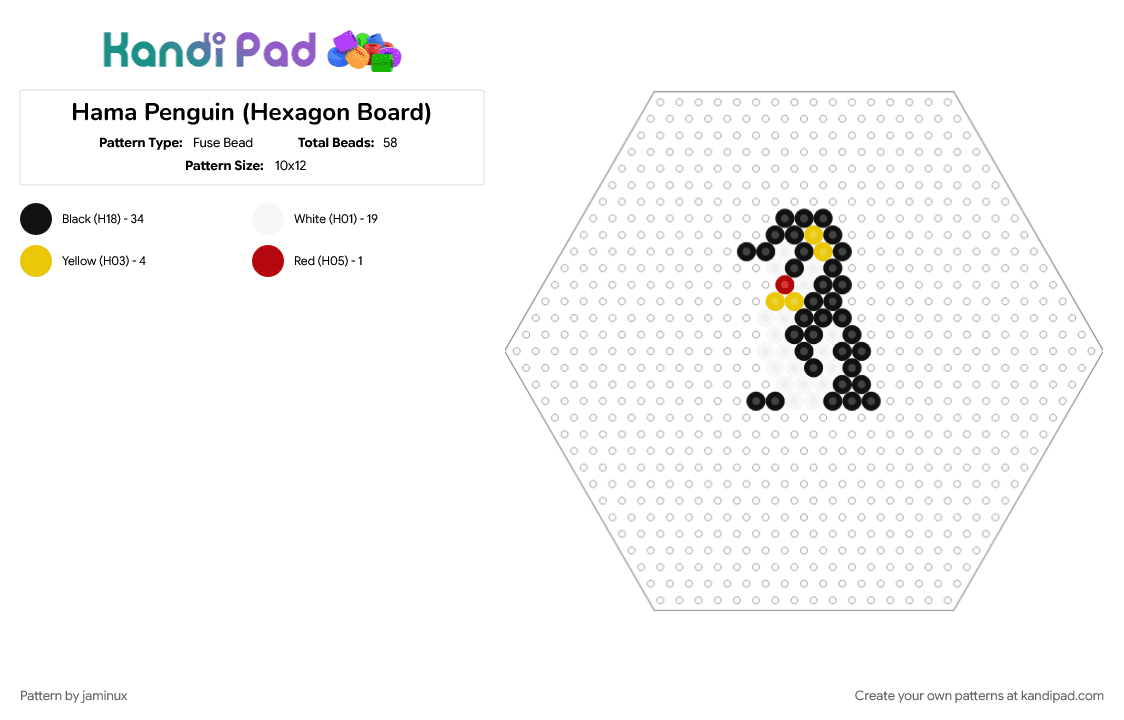 Hama Penguin (Hexagon Board) - Fuse Bead Pattern by jaminux on Kandi Pad - animal, arctic, black, easy, fuse bead, nature, perler, simple, white, yellow