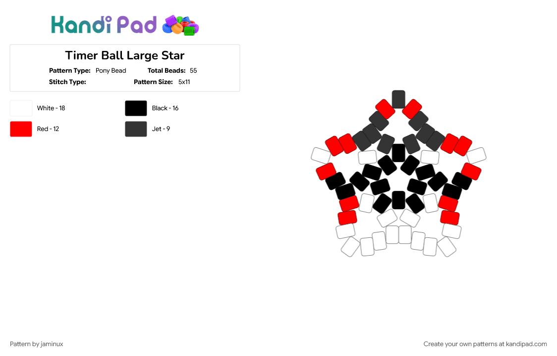 Timer Ball Large Star - Pony Bead Pattern by jaminux on Kandi Pad - beginner, easy, gaming, keychain, poke ball, pokemon, pony beads, red, white