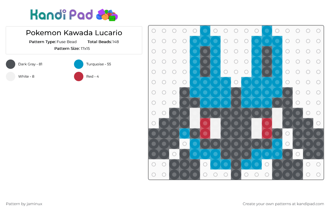 Kawada Perler Lucario - Fuse Bead Pattern by jaminux on Kandi Pad - gray,light blue,pokemon,pkmn,small