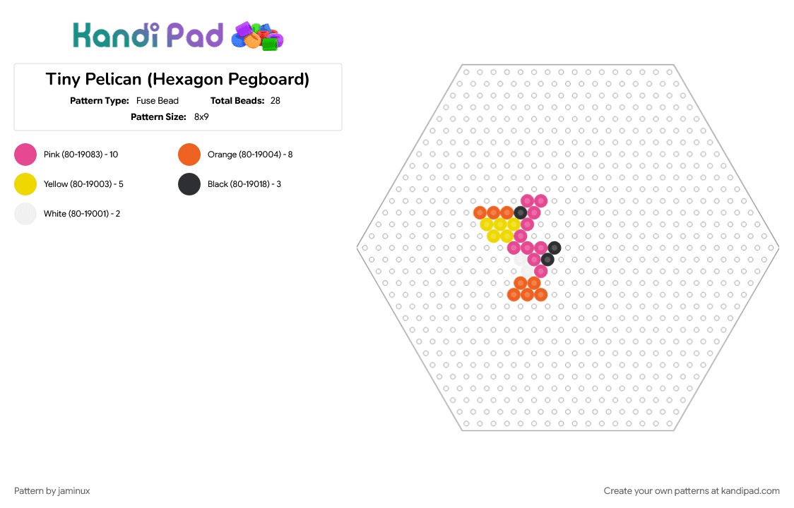 Tiny Pelican (Hexagon Pegboard) - Fuse Bead Pattern by jaminux on Kandi Pad - animal, bird, easy, fuse beads, nature, orange, perler, pink, small