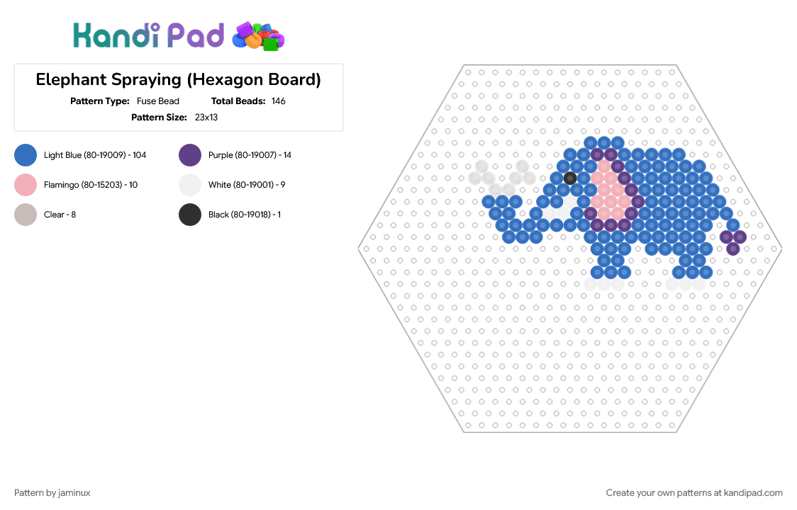 Elephant Spraying (Hexagon Board) - Fuse Bead Pattern by jaminux on Kandi Pad - animal, blue, fuse beads, nature, perler
