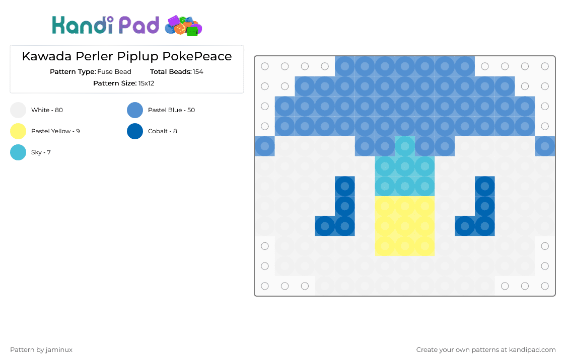 Kawada Perler Piplup PokePeace - Fuse Bead Pattern by jaminux on Kandi Pad - white,light blue,pokemon,pkmn,small