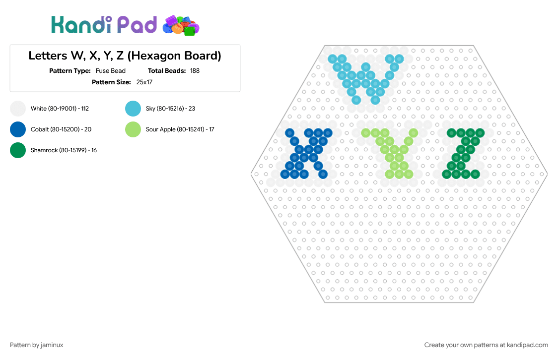 Letters W, X, Y, Z (Hexagon Board) - Fuse Bead Pattern by jaminux on Kandi Pad - alphabet, colorful, colourful, fuse beads, perler, simple, text, words