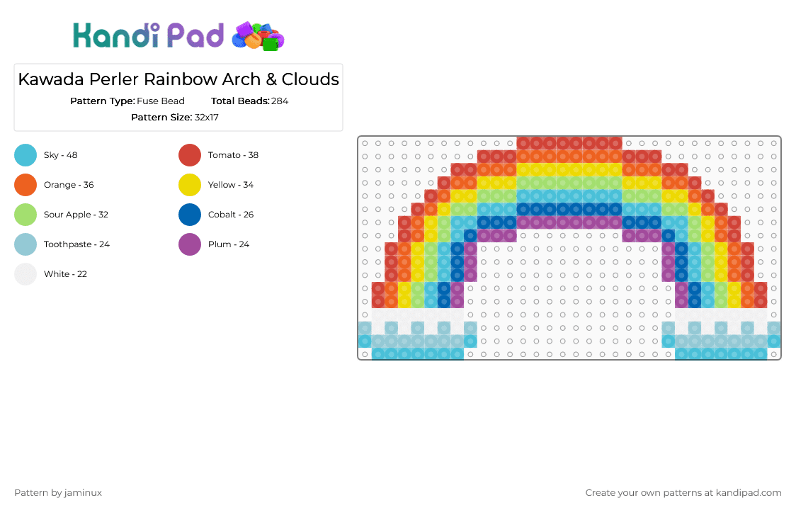 Kawada Perler Rainbow Arch & Clouds - Fuse Bead Pattern by jaminux on Kandi Pad - light blue,red,orange,yellow,nature,sky,medium