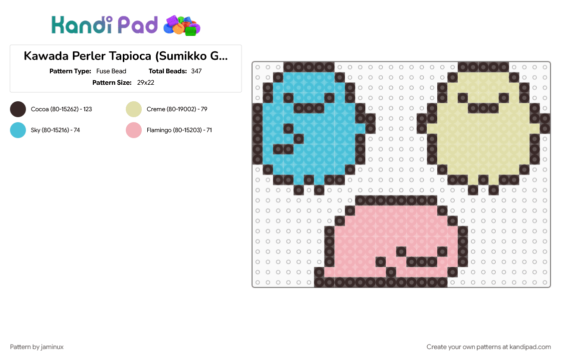 Kawada Perler Tapioca (Sumikko Gurashi) - Fuse Bead Pattern by jaminux on Kandi Pad - blue, brown, character, fuse bead, kawaii, pastel, pink, san x, small