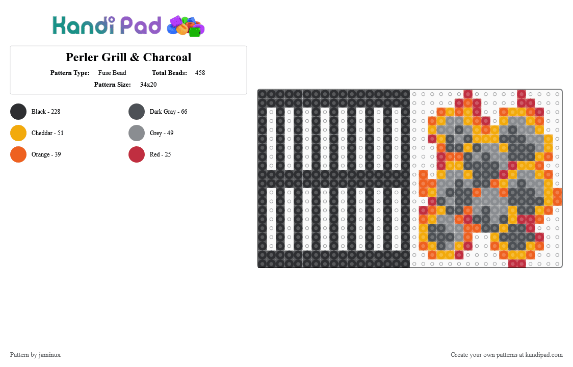 Perler Grill & Charcoal - Fuse Bead Pattern by jaminux on Kandi Pad - orange,gray,cookout,barbecue,bbq,black,fire,flames