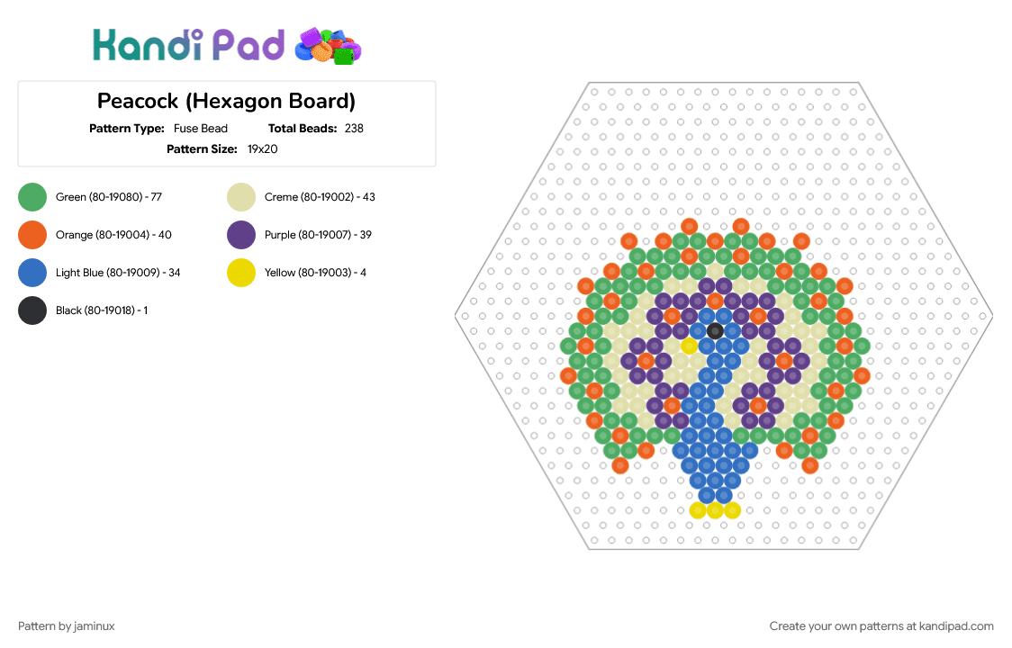 Peacock (Hexagon Board) - Fuse Bead Pattern by jaminux on Kandi Pad - animal, bird, blue, colorful, colourful, fuse beads, green, nature, perler, yellow