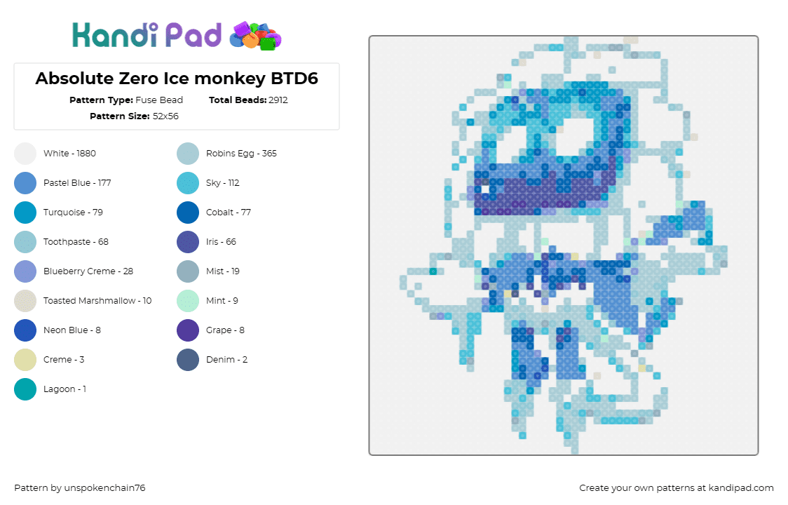 Absolute Zero Ice monkey BTD6 - Fuse Bead Pattern by unspokenchain76 on Kandi Pad - ice monkey,bloons,chilly,thrill,game,icy,defender,frosty,swirl,blue,white