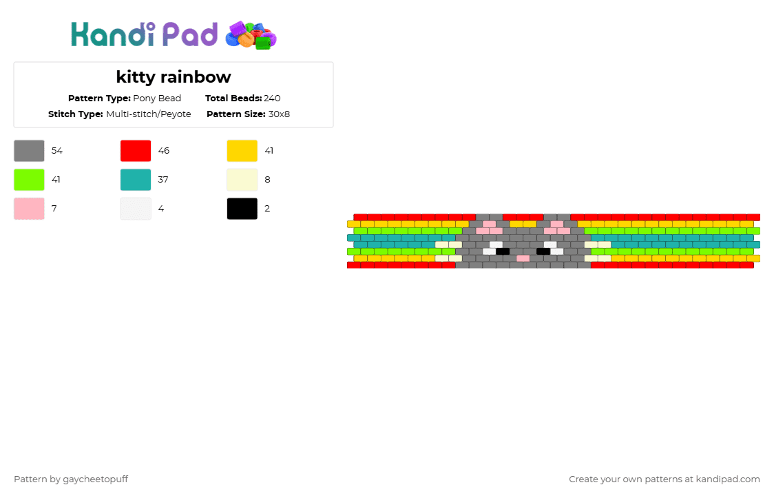 kitty rainbow - Pony Bead Pattern by gaycheetopuff on Kandi Pad - gray,yellow,teal,colorful