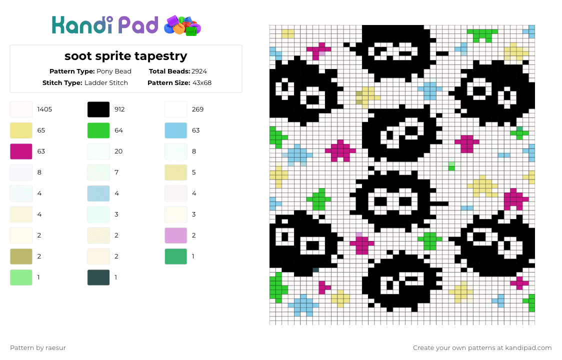 soot sprite tapestry - Pony Bead Pattern by raesur on Kandi Pad - white,light blue,yellow,green,pink,colorful