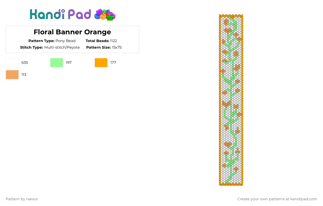 Floral Banner Orange - Pony Bead Pattern by raesur on Kandi Pad - orange,teal,cute,floral,flowers,tapestry