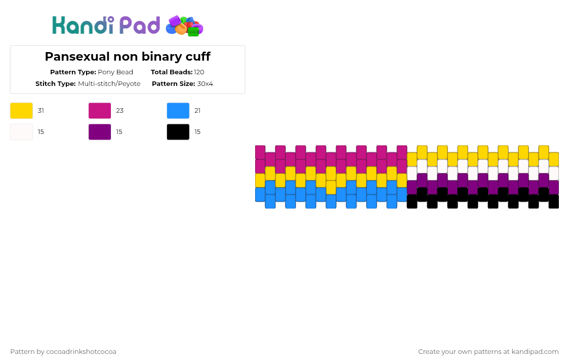 Pansexual non binary cuff - Pony Bead Pattern by cocoadrinkshotcocoa on Kandi Pad - pink,yellow,pansexual,nonbinary,lgbtq,pride month,cuff