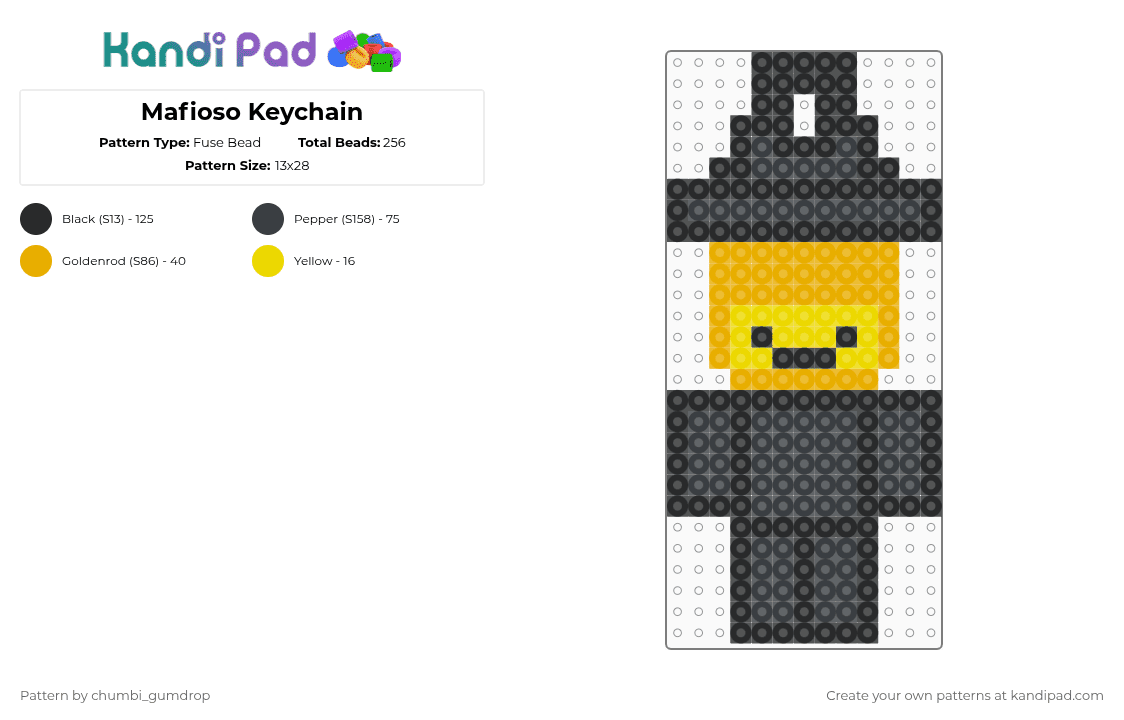 Mafioso Keychain - Fuse Bead Pattern by chumbi_gumdrop on Kandi Pad - black,orange,yellow