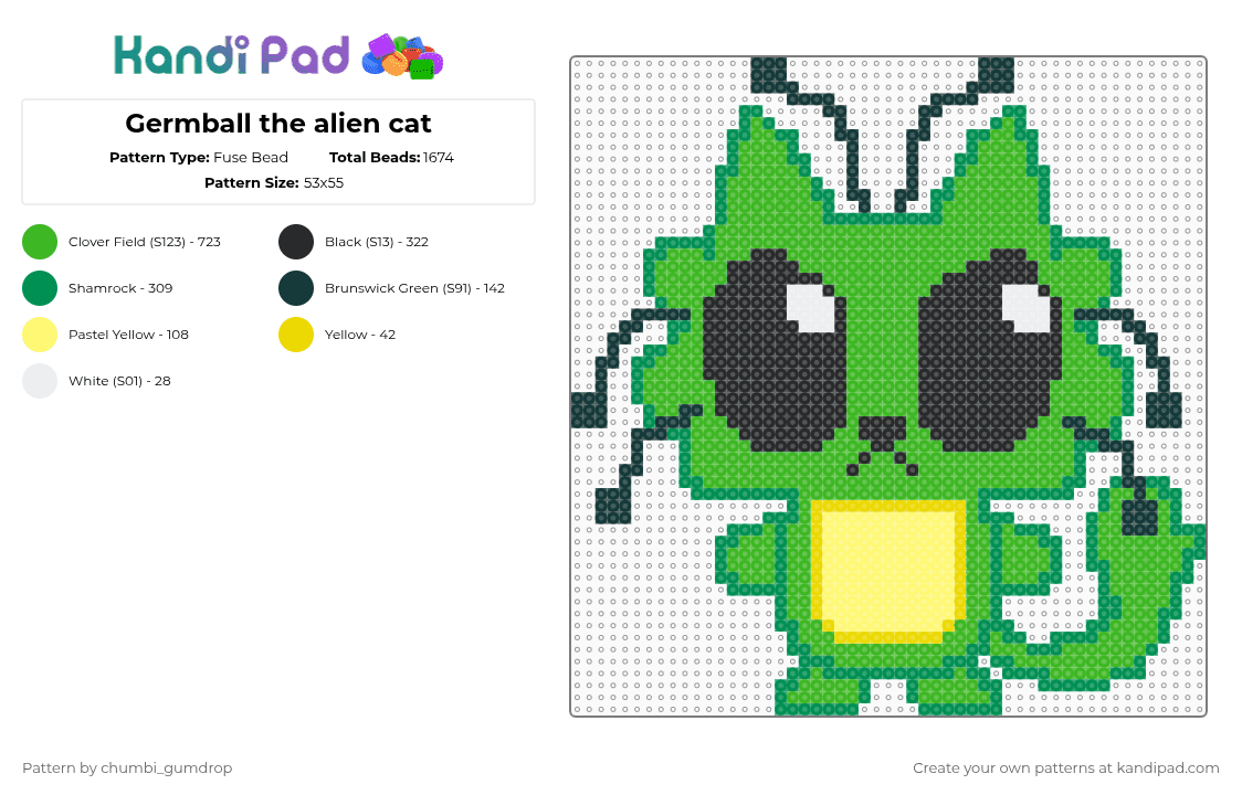 Germball the alien cat - Fuse Bead Pattern by chumbi_gumdrop on Kandi Pad - green