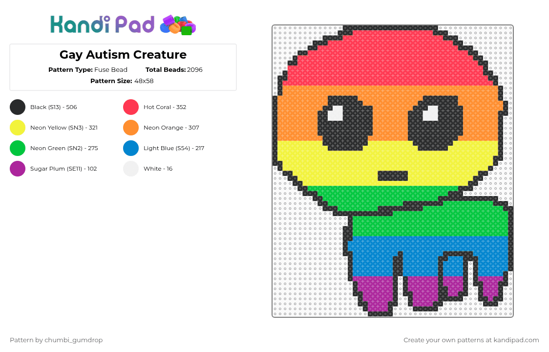 Gay Autism Creature - Fuse Bead Pattern by chumbi_gumdrop on Kandi Pad - orange,yellow,red,green