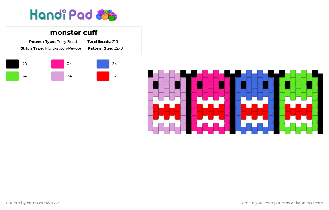 monster cuff - Pony Bead Pattern by crimsondawn333 on Kandi Pad - pink