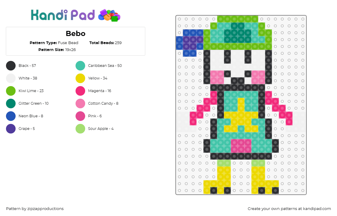 Bebo - Fuse Bead Pattern by zipzapproductions on Kandi Pad - bebo akapane,vocaloid,music,colorful,playful,character,synthesis,fan,green,teal