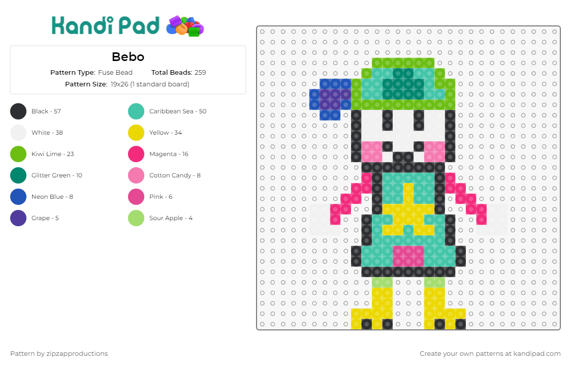 Bebo - Fuse Bead Pattern by zipzapproductions on Kandi Pad - bebo akapane,vocaloid,music,colorful,playful,character,synthesis,fan,green,teal
