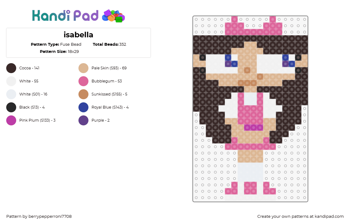 isabella - Fuse Bead Pattern by berrypepperroni7708 on Kandi Pad - isabella garcia shapiro,phineas and ferb,character,cute,cartoon,tv show,bow,dress,pink,tan,brown