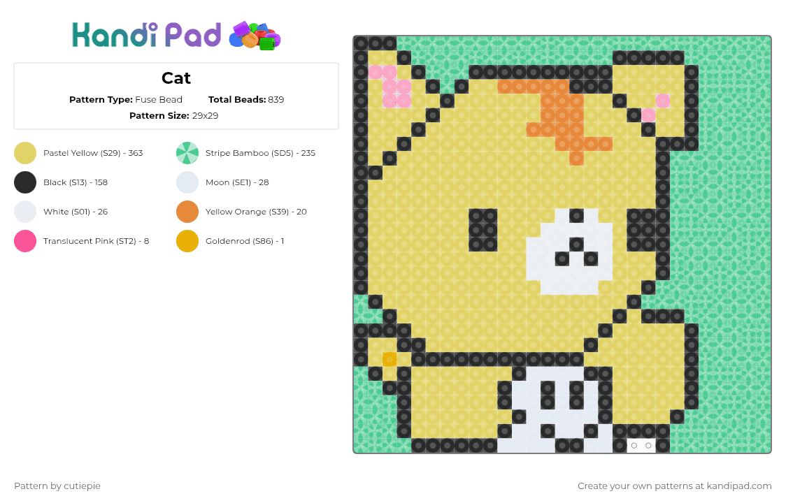 Cat - Fuse Bead Pattern by cutiepie_is_very_cute_and_cudd on Kandi Pad - yellow,teal,hi bro