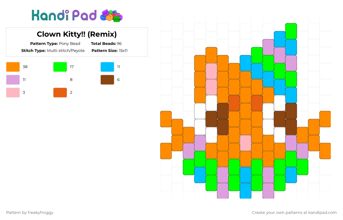 Clown Kitty!! (Remix) - Pony Bead Pattern by freakyfroggy on Kandi Pad - orange,green,kitty,cat,kitten,clown,circus