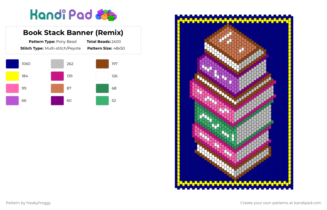 Book Stack Banner (Remix) - Pony Bead Pattern by freakyfroggy on Kandi Pad - purple,pink,book,panel,banner,large,books,reading