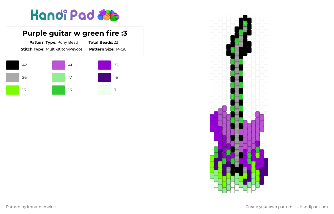 Purple guitar w green fire :3 - Pony Bead Pattern by imnotnameless on Kandi Pad - purple,green,pink,guitar,scene