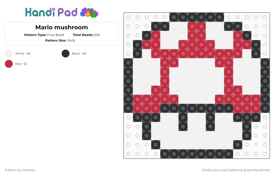 Mario mushroom - Fuse Bead Pattern by martiny on Kandi Pad - white,red,mario,grow up,mushroom,all perler beads,black,super mario