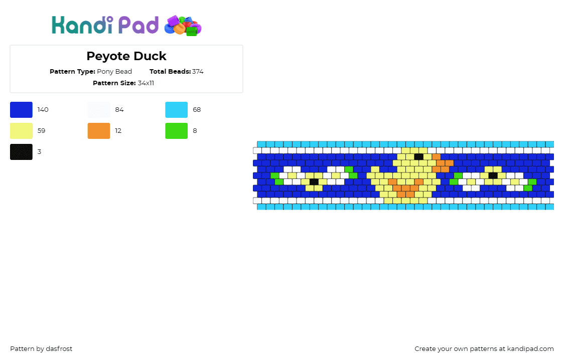 Peyote Duck - Pony Bead Pattern by dasfrost on Kandi Pad - duck,pond,animal,cuff,cheerful,nostalgia,bath time,childhood,yellow,blue