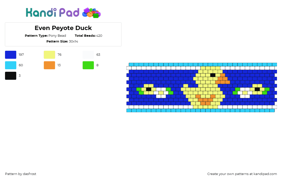 Even Peyote Duck - Pony Bead Pattern by dasfrost on Kandi Pad - duck,pond,animal,cuff,playful,nostalgic,bath time,vibrant,childhood,yellow,blue